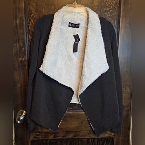 Stylish Women's Open Front Cardigan - Dark Gray and Cream Faux Shearling